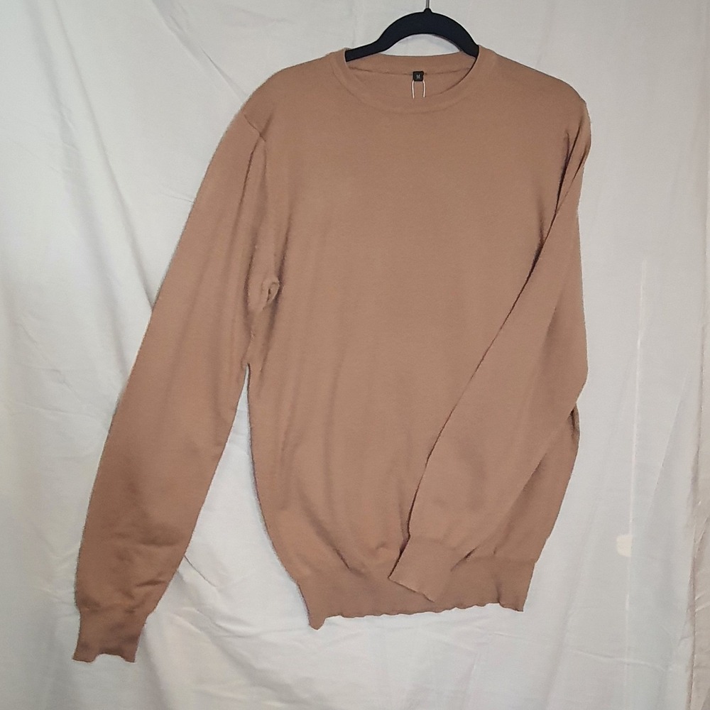 MLANM Mens Crew Neck Sweater Tan Camel Long Sleeve Viscose Blend Pullover Size M